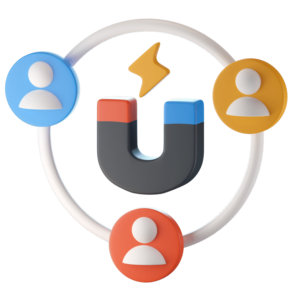 Business 8 A U-shaped magnet surrounded by three user icons, representing brand hearing and audience analysis