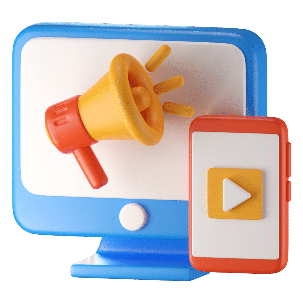 Business 9 A monitor with a megaphone and video icon, symbolizing content planning and platform strategy